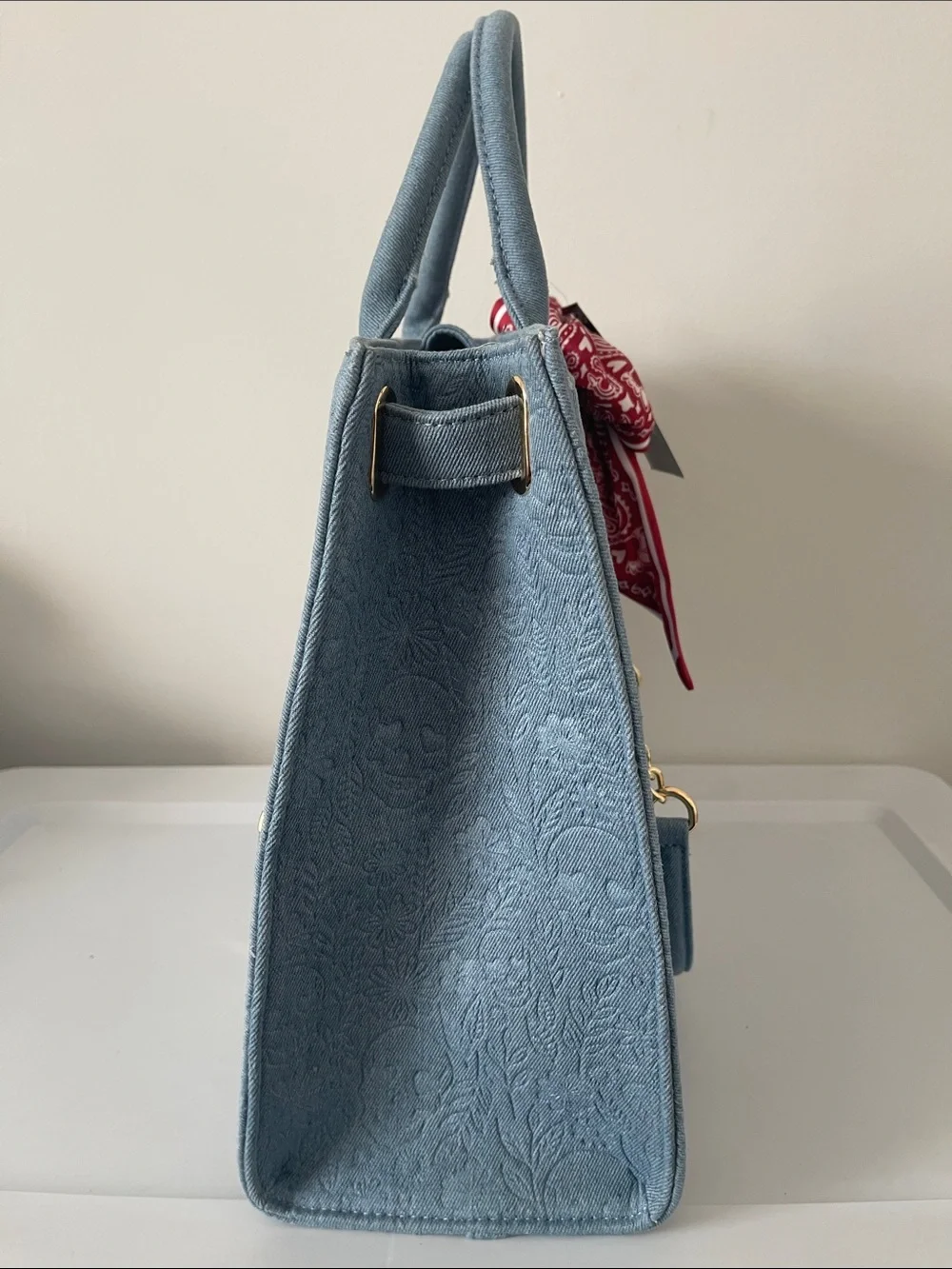 Betsey Johnson Light Blue denim skull Embossed Tote with Red Bandana Bow